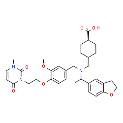 ChemSpider 2D Image | trans-4-[([1-(2,3-Dihydro-1-benzofuran-5-yl)ethyl]{3-methoxy-4-[2-(3-methyl-2,6-dioxo-3,6-dihydro-1(2H)-pyrimidinyl)ethoxy]benzyl}amino)methyl]cyclohexanecarboxylic acid | C33H41N3O7
