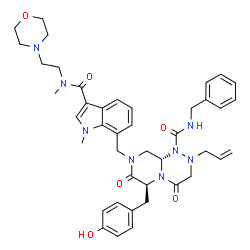ChemSpider 2D Image | (6S,9aS)-2-Allyl-N-benzyl-6-(4-hydroxybenzyl)-8-[(1-methyl-3-{methyl[2-(4-morpholinyl)ethyl]carbamoyl}-1H-indol-7-yl)methyl]-4,7-dioxohexahydro-2H-pyrazino[2,1-c][1,2,4]triazine-1(6H)-carboxamide | C42H50N8O6