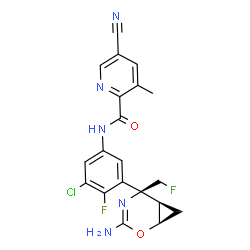 ChemSpider 2D Image | N-{3-[(1R,5S,6R)-3-Amino-5-(fluoromethyl)-2-oxa-4-azabicyclo[4.1.0]hept-3-en-5-yl]-5-chloro-4-fluorophenyl}-5-cyano-3-methyl-2-pyridinecarboxamide | C20H16ClF2N5O2
