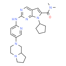ChemSpider 2D Image | 7-Cyclopentyl-2-{[5-(hexahydropyrrolo[1,2-a]pyrazin-2(1H)-yl)-2-pyridinyl]amino}-N,N-dimethyl-7H-pyrrolo[2,3-d]pyrimidine-6-carboxamide | C26H34N8O