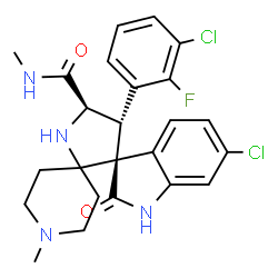 ChemSpider 2D Image | (3S,4'S,5'R)-6-Chloro-4'-(3-chloro-2-fluorophenyl)-N,1''-dimethyl-2-oxo-1,2-dihydrodispiro[indole-3,3'-pyrrolidine-2',4''-piperidine]-5'-carboxamide | C24H25Cl2FN4O2
