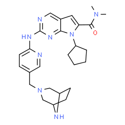 ChemSpider 2D Image | 7-Cyclopentyl-2-{[5-(3,8-diazabicyclo[3.2.1]oct-3-ylmethyl)-2-pyridinyl]amino}-N,N-dimethyl-7H-pyrrolo[2,3-d]pyrimidine-6-carboxamide | C26H34N8O