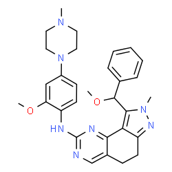 ChemSpider 2D Image | N-[2-Methoxy-4-(4-methyl-1-piperazinyl)phenyl]-9-[methoxy(phenyl)methyl]-8-methyl-6,8-dihydro-5H-pyrazolo[3,4-h]quinazolin-2-amine | C30H35N7O2