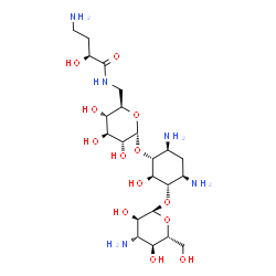 ChemSpider 2D Image | (1S,2R,3R,4S,6R)-4,6-Diamino-3-[(6-{[(2S)-4-amino-2-hydroxybutanoyl]amino}-6-deoxy-alpha-D-glucopyranosyl)oxy]-2-hydroxycyclohexyl 3-amino-3-deoxy-alpha-D-glucopyranoside | C22H43N5O13