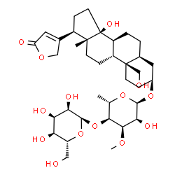 ChemSpider 2D Image | (3beta,5alpha,8alpha,9beta)-3-{[4-O-(alpha-D-Allopyranosyl)-6-deoxy-3-O-methyl-alpha-L-allopyranosyl]oxy}-14,19-dihydroxycard-20(22)-enolide | C36H56O14