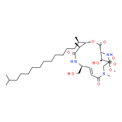 ChemSpider 2D Image | Methyl (2R)-hydroxy{(3R,9E,11S,14S,15S)-11-(hydroxymethyl)-7,14-dimethyl-15-[(2R)-14-methyl-2-pentadecanyl]-2,5,8,13-tetraoxo-1-oxa-4,7,12-triazacyclopentadec-9-en-3-yl}acetate | C33H57N3O9