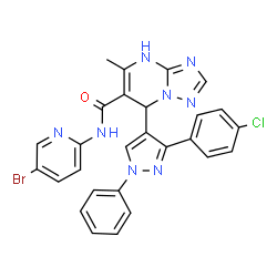ChemSpider 2D Image | N-(5-Bromo-2-pyridinyl)-7-[3-(4-chlorophenyl)-1-phenyl-1H-pyrazol-4-yl]-5-methyl-4,7-dihydro[1,2,4]triazolo[1,5-a]pyrimidine-6-carboxamide | C27H20BrClN8O
