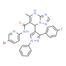 ChemSpider 2D Image | N-(5-Bromo-2-pyridinyl)-7-[3-(4-fluorophenyl)-1-phenyl-1H-pyrazol-4-yl]-5-methyl-4,7-dihydro[1,2,4]triazolo[1,5-a]pyrimidine-6-carboxamide | C27H20BrFN8O