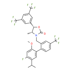 ChemSpider 2D Image | (4R,5S)-5-[3,5-Bis(trifluoromethyl)phenyl]-3-{[4'-fluoro-5'-isopropyl-2'-methoxy-4-(trifluoromethyl)-2-biphenylyl]methyl}-4-methyl-1,3-oxazolidin-2-one | C30H25F10NO3