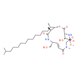 ChemSpider 2D Image | Methyl (2S)-hydroxy{(3S,9E,11R,14S,15S)-11-(hydroxymethyl)-7,14-dimethyl-15-[(2S)-14-methyl-2-pentadecanyl]-2,5,8,13-tetraoxo-1-oxa-4,7,12-triazacyclopentadec-9-en-3-yl}acetate | C33H57N3O9