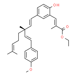 ChemSpider 2D Image | Ethyl (2E)-3-(2-hydroxy-5-{(1E,3S)-3-[(E)-2-(4-methoxyphenyl)vinyl]-3,7-dimethyl-1,6-octadien-1-yl}phenyl)-2-methylacrylate | C31H38O4