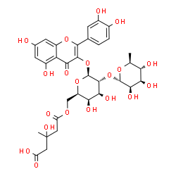 ChemSpider 2D Image | 2-(3,4-Dihydroxyphenyl)-5,7-dihydroxy-4-oxo-4H-chromen-3-yl 6-O-(4-carboxy-3-hydroxy-3-methylbutanoyl)-2-O-(6-deoxy-alpha-L-mannopyranosyl)-beta-D-galactopyranoside | C33H38O20