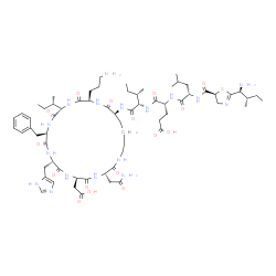 ChemSpider 2D Image | N-({(5S)-2-[(1S,2S)-1-Amino-2-methylbutyl]-4,5-dihydro-1,3-thiazol-5-yl}carbonyl)-L-leucyl-D-alpha-glutamyl-N-[(3S,6R,9S,12R,15S,18R,21S)-3-(2-amino-2-oxoethyl)-18-(3-aminopropyl)-12-benzyl-15-[(2S)-2
-butanyl]-6-(carboxymethyl)-9-(1H-imidazol-5-ylmethyl)-2,5,8,11,14,17,20-heptaoxo-1,4,7,10,13,16,19-heptaazacyclopentacosan-21-yl]-L-isoleucinamide | C66H103N17O16S