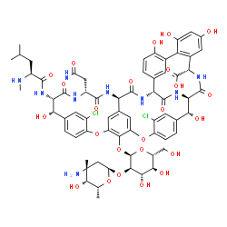 ChemSpider 2D Image | (1R,2R,18S,19S,22R,25R,28R,40S)-22-(2-Amino-2-oxoethyl)-48-{[2-O-(3-amino-2,3,6-trideoxy-3-methyl-alpha-D-lyxo-hexopyranosyl)-alpha-D-glucopyranosyl]oxy}-5,15-dichloro-2,18,32,35,37-pentahydroxy-19-[(
N-methyl-L-leucyl)amino]-20,23,26,42,44-pentaoxo-7,13-dioxa-21,24,27,41,43-pentaazaoctacyclo[26.14.2.2~3,6~.2~14,17~.1~8,12~.1~29,33~.0~10,25~.0~34,39~]pentaconta-3,5,8(48),9,11,14,16,29(45),30,32,34,
36,38,46,49-pentadecaene-40-carboxylic acid | C66H75Cl2N9O24
