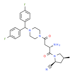 ChemSpider 2D Image | (2S,4S)-1-[(2S)-2-Amino-4-{4-[bis(4-fluorophenyl)methyl]-1-piperazinyl}-4-oxobutanoyl]-4-methyl-2-pyrrolidinecarbonitrile | C27H31F2N5O2