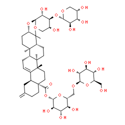 ChemSpider 2D Image | 1-O-{[(4aS,6aS,6bR,8aR,10S,12aR,12bR,14bS)-10-{[3-O-(alpha-L-Arabinopyranosyl)-alpha-L-arabinopyranosyl]oxy}-6a,6b,9,9,12a-pentamethyl-2-methylene-1,3,4,5,6,6a,6b,7,8,8a,9,10,11,12,12a,12b,13,14b-octa
decahydro-4a(2H)-picenyl]carbonyl}-6-O-beta-D-glucopyranosyl-beta-D-glucopyranose | C51H80O21