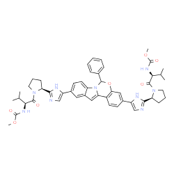 ChemSpider 2D Image | Methyl [(2S)-1-{(2S)-2-[5-(10-{2-[(2S)-1-{(2S)-2-[(methoxycarbonyl)amino]-3-methylbutanoyl}-2-pyrrolidinyl]-1H-imidazol-5-yl}-6-phenylindolo[1,2-c][1,3]benzoxazin-3-yl)-1H-imidazol-2-yl]-1-pyrrolidiny
l}-3-methyl-1-oxo-2-butanyl]carbamate | C49H55N9O7