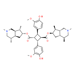 ChemSpider 2D Image | Bis[(4S,4aS,6R,7S,7aR)-2,4,7-trimethyloctahydro-1H-cyclopenta[c]pyridin-6-yl] 2,4-bis(4-hydroxy-3-methoxyphenyl)-1,3-cyclobutanedicarboxylate | C42H58N2O8