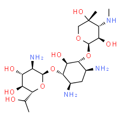 ChemSpider 2D Image | (1R,2R,3S,4R,6S)-4,6-Diamino-3-{[(5R)-2-amino-2-deoxy-5-(1-hydroxyethyl)-alpha-D-xylopyranosyl]oxy}-2-hydroxycyclohexyl 3-deoxy-4-C-methyl-3-(methylamino)-beta-L-arabinopyranoside | C20H40N4O10