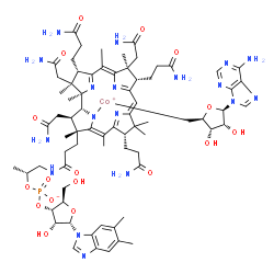 ChemSpider 2D Image | [(2S,3S,4R,5R)-5-(6-aminopurin-9-yl)-3,4-dihydroxy-tetrahydrofuran-2-yl]methyl-[(1R,2R,3R,4Z,7S,9Z,12S,13S,14Z,17S,18S,19R)-2,13,18-tris(2-amino-2-oxo-ethyl)-7,12,17-tris(3-amino-3-oxo-propyl)-3-[3-[[(2R)-2-[[(2R,3S,4R,5S)-5-(5,6-dimethylbenzimidazol-1-yl)-4-hydroxy-2-(hydroxymethyl)tetrahydrofuran-3-yl]oxy-oxido-phosphoryl]oxypropyl]amino]-3-oxo-propyl]-3,5,8,8,13,15,18,19-octamethyl-2,7,12,17-tetrahydro-1H-corrin-21-yl]cobalt(1+) | C72H100CoN18O17P