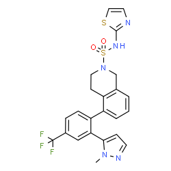 ChemSpider 2D Image | 5-[2-(1-Methyl-1H-pyrazol-5-yl)-4-(trifluoromethyl)phenyl]-N-(1,3-thiazol-2-yl)-3,4-dihydro-2(1H)-isoquinolinesulfonamide | C23H20F3N5O2S2