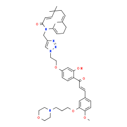 ChemSpider 2D Image | (3E,7E,11E)-1-{[1-(2-{3-Hydroxy-4-[(2E)-3-{4-methoxy-3-[3-(4-morpholinyl)propoxy]phenyl}-2-propenoyl]phenoxy}ethyl)-1H-1,2,3-triazol-4-yl]methyl}-5,5,8,12-tetramethylazacyclododeca-3,7,11-trien-2-one | C43H55N5O7