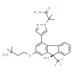 ChemSpider 2D Image | 2-{4-[(9R)-9-Hydroxy-2-(3-hydroxy-3-methylbutoxy)-9-(trifluoromethyl)-9H-fluoren-4-yl]-1H-pyrazol-1-yl}-2-methylpropanamide | C26H28F3N3O4