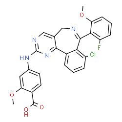 ChemSpider 2D Image | 4-{[8-Chloro-7-(2-fluoro-6-methoxyphenyl)-5H-pyrimido[5,4-d][2]benzazepin-2-yl]amino}-2-methoxybenzoic acid | C27H20ClFN4O4