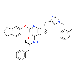 ChemSpider 2D Image | (2S)-2-{[2-(2,3-Dihydro-1H-inden-5-yloxy)-9-{[1-(2-methylbenzyl)-1H-1,2,3-triazol-4-yl]methyl}-9H-purin-6-yl]amino}-3-phenyl-1-propanol | C34H34N8O2