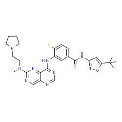 ChemSpider 2D Image | 4-Fluoro-N-[5-(2-methyl-2-propanyl)-1,2-oxazol-3-yl]-3-[(6-{methyl[2-(1-pyrrolidinyl)ethyl]amino}pyrimido[5,4-d]pyrimidin-4-yl)amino]benzamide | C27H32FN9O2