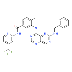 ChemSpider 2D Image | 3-{[6-(Benzylamino)pyrimido[5,4-d]pyrimidin-4-yl]amino}-4-methyl-N-[4-(trifluoromethyl)-2-pyridinyl]benzamide | C27H21F3N8O
