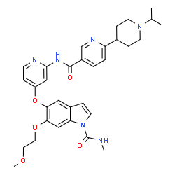 ChemSpider 2D Image | 5-{[2-({[6-(1-Isopropyl-4-piperidinyl)-3-pyridinyl]carbonyl}amino)-4-pyridinyl]oxy}-6-(2-methoxyethoxy)-N-methyl-1H-indole-1-carboxamide | C32H38N6O5