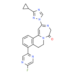 ChemSpider 2D Image | 2-(3-Cyclopropyl-1H-1,2,4-triazol-1-yl)-9-(5-fluoro-2-pyrazinyl)-7,8-dihydro[1,4]diazepino[7,1-a]isoquinolin-5(4H)-one | C22H18FN7O