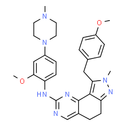 ChemSpider 2D Image | 9-(4-Methoxybenzyl)-N-[2-methoxy-4-(4-methyl-1-piperazinyl)phenyl]-8-methyl-6,8-dihydro-5H-pyrazolo[3,4-h]quinazolin-2-amine | C30H35N7O2