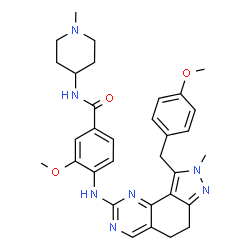 ChemSpider 2D Image | 3-Methoxy-4-{[9-(4-methoxybenzyl)-8-methyl-6,8-dihydro-5H-pyrazolo[3,4-h]quinazolin-2-yl]amino}-N-(1-methyl-4-piperidinyl)benzamide | C32H37N7O3