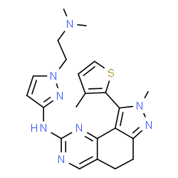 ChemSpider 2D Image | N-{1-[2-(Dimethylamino)ethyl]-1H-pyrazol-3-yl}-8-methyl-9-(3-methyl-2-thienyl)-6,8-dihydro-5H-pyrazolo[3,4-h]quinazolin-2-amine | C22H26N8S
