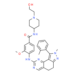 ChemSpider 2D Image | N-[1-(2-Hydroxyethyl)-4-piperidinyl]-3-methoxy-4-{[8-methyl-9-(2-methylphenyl)-6,8-dihydro-5H-pyrazolo[3,4-h]quinazolin-2-yl]amino}benzamide | C32H37N7O3