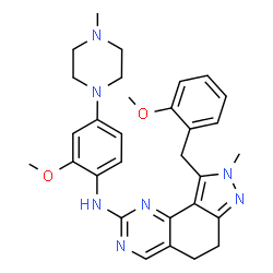 ChemSpider 2D Image | 9-(2-Methoxybenzyl)-N-[2-methoxy-4-(4-methyl-1-piperazinyl)phenyl]-8-methyl-6,8-dihydro-5H-pyrazolo[3,4-h]quinazolin-2-amine | C30H35N7O2