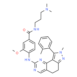 ChemSpider 2D Image | N-[3-(Dimethylamino)propyl]-3-methoxy-4-{[8-methyl-9-(2-methylphenyl)-6,8-dihydro-5H-pyrazolo[3,4-h]quinazolin-2-yl]amino}benzamide | C30H35N7O2