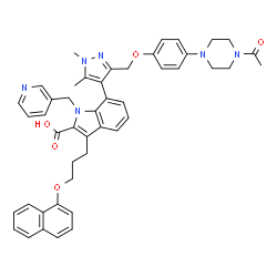 ChemSpider 2D Image | 7-(3-{[4-(4-Acetyl-1-piperazinyl)phenoxy]methyl}-1,5-dimethyl-1H-pyrazol-4-yl)-3-[3-(1-naphthyloxy)propyl]-1-(3-pyridinylmethyl)-1H-indole-2-carboxylic acid | C46H46N6O5