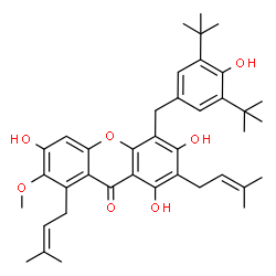 ChemSpider 2D Image | 1,3,6-Trihydroxy-4-[4-hydroxy-3,5-bis(2-methyl-2-propanyl)benzyl]-7-methoxy-2,8-bis(3-methyl-2-buten-1-yl)-9H-xanthen-9-one | C39H48O7