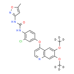 ChemSpider 2D Image | 1-[4-({6,7-Bis[(~2~H_3_)methyloxy]-4-quinolinyl}oxy)-2-chlorophenyl]-3-(5-methyl-1,2-oxazol-3-yl)urea | C22H13D6ClN4O5