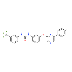ChemSpider 2D Image | 1-(3-{[6-(4-Fluorophenyl)-2-pyrazinyl]oxy}phenyl)-3-[3-(trifluoromethyl)phenyl]urea | C24H16F4N4O2