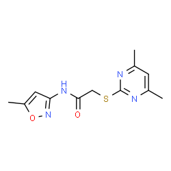ChemSpider 2D Image | 2-[(4,6-Dimethyl-2-pyrimidinyl)sulfanyl]-N-(5-methyl-1,2-oxazol-3-yl)acetamide | C12H14N4O2S