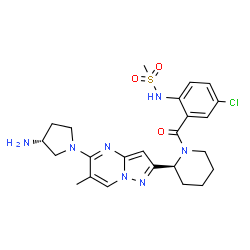 ChemSpider 2D Image | N-(2-{[(2S)-2-{5-[(3R)-3-Amino-1-pyrrolidinyl]-6-methylpyrazolo[1,5-a]pyrimidin-2-yl}-1-piperidinyl]carbonyl}-4-chlorophenyl)methanesulfonamide | C24H30ClN7O3S