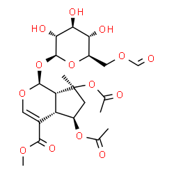 ChemSpider 2D Image | Methyl (1S,4aS,5R,7S,7aS)-5,7-diacetoxy-1-[(6-O-formyl-beta-D-glucopyranosyl)oxy]-7-methyl-1,4a,5,6,7,7a-hexahydrocyclopenta[c]pyran-4-carboxylate | C22H30O14