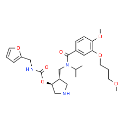 ChemSpider 2D Image | (3S,4S)-4-({Isopropyl[4-methoxy-3-(3-methoxypropoxy)benzoyl]amino}methyl)-3-pyrrolidinyl (2-furylmethyl)carbamate | C26H37N3O7