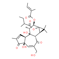 ChemSpider 2D Image | (1aR,1bS,4aR,7aS,7bS,8R,9R,9aS)-4a,7b-Dihydroxy-3-(hydroxymethyl)-1,1,6,8-tetramethyl-9a-[(2-methylbutanoyl)oxy]-2,5-dioxo-1a,1b,2,4a,5,7a,7b,8,9,9a-decahydro-1H-cyclopropa[3,4]benzo[1,2-e]azulen-9-yl
 (2E)-2-methyl-2-butenoate | C30H40O9