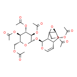 ChemSpider 2D Image | (1aS,1bS,2S,5aR,6R,6aS)-1a-(Acetoxymethyl)-2-[(2,3,4,6-tetra-O-acetyl-beta-D-glucopyranosyl)oxy]-1a,1b,2,5a,6,6a-hexahydrooxireno[4,5]cyclopenta[1,2-c]pyran-6-yl acetate | C27H34O16