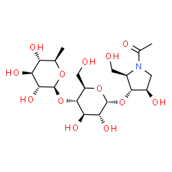ChemSpider 2D Image | (2R,3R,4R)-1-Acetyl-4-hydroxy-2-(hydroxymethyl)-3-pyrrolidinyl 4-O-(6-deoxy-beta-D-glucopyranosyl)-alpha-D-glucopyranoside | C19H33NO13